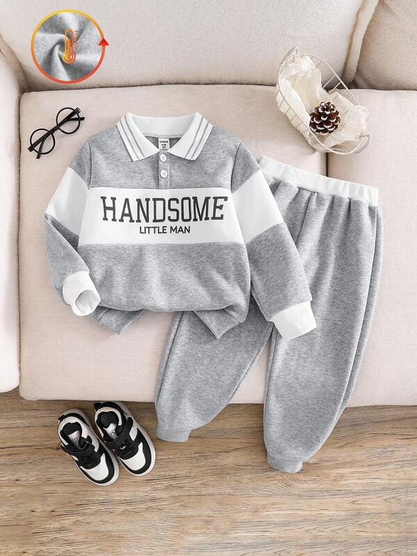 SHEIN Genkimix Kids 2pcs/Set Young Boy Casual Colorblock Letter Print Polo Collar Sweatshirt And Sweatpants, Cute & Fashionable School Style Kids Outfit 4-7 Years Old, Suitable For Photography, Party In Autumn/Winter Fall