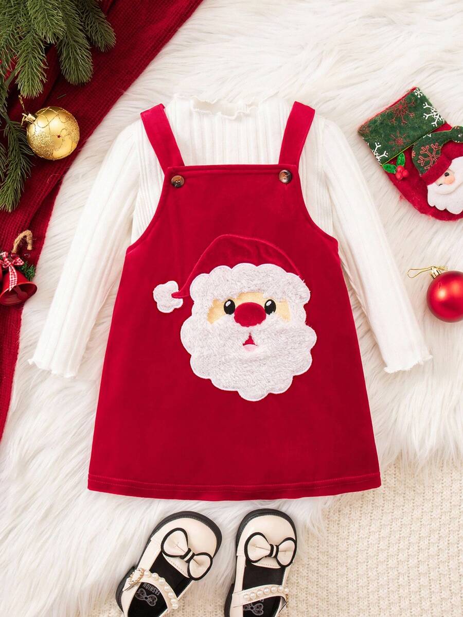 SHEIN Baby Mädchen Weihnachts süßes Cartoon Muster Strick Langarm Top und Kleid Set