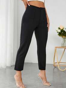 SHEIN EZwear 大码女式纽扣装饰牙签图案休闲黑色长裤