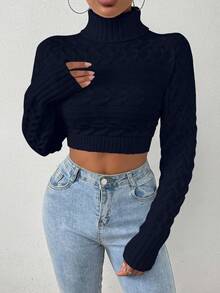 EMERY ROSE Women's Casual Solid Color Turtleneck Cropped Long Sleeve Sweater, Autumn/Winter - Navy Blue - View 3