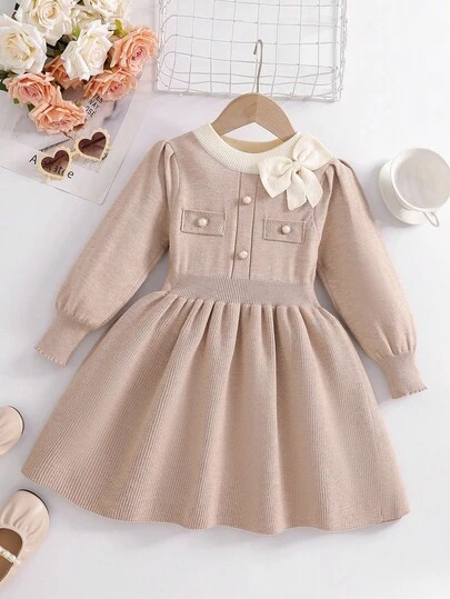 SHEIN Sweet Vintage Bow Knitted Sweater Dress, Casual Commuter Korean Stylish Princess Pullover Dress Suitable For Daily Wear And Outings Girls Spring And Autumn Dress Fall Dress For Girl Autumn And Winter Young Girls Dress Beige Dress For Girls Long Sleeves Kids Dress