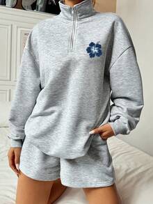 Veykashi Áo sweatshirt dáng rộng, cổ cao, khóa kéo nửa thân, in họa tiết hoa, cỡ lớn, thích hợp cho mùa thu/đông. - Xám - Xem 4