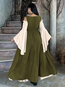 Lyrianda Plus Size Women Off Shoulder Long Sleeve Flare Sleeve Ruffle Elegant Vintage Cute Halloween Party Casual Holiday Colorblock Dress