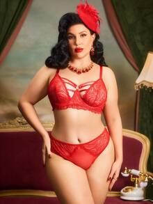 Conjunto de sujetador con aros y encaje para mujer de talla grande - Rojo - Ver 5