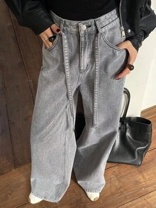 Livesso Women's Vintage Washed Loose Casual Street Outdoor Design Drawstring Waist Straight Leg Jeans, Suitable For Autumn & Spring - Grey - View 2