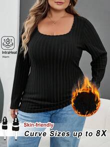 SHEIN CURVE+ Femmes grande taille Retour à l'école Saison Quotidien Casual Yoga Intérieur Extérieur Confortable Noir Tricoté Élastique Tissu unicolore Col Rond Manches Longues T-Shirt Tricoté, Pour Hiver/Automne/Hiver