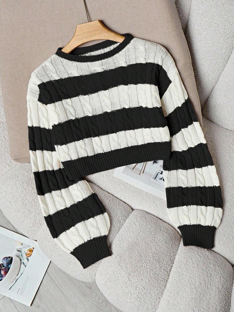 Franclia Women's Basic Contrast Color Lantern Sleeve Twist Rope Sweater, Suitable For Spring And Autumn - Black - View 1