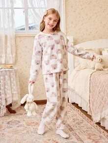 SHEIN 女童可爱熊羊毛睡衣套装