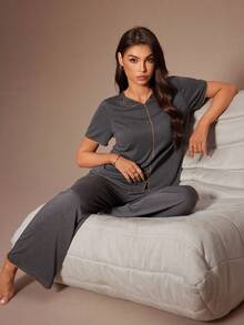 Lazeform Casual Lazy Women Pajama Set Women Lounge Wear Sets Sleep Wear Women 2 Piece Set Modal Pajama Set Bamboo Pajamas Women V Neck Lounge Wear - Dark Grey - View 7