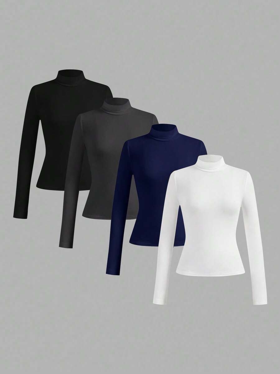 SHEIN Essnce Bộ 4 áo len cổ lọ nhiều lớp màu trơn đơn giản, dáng ôm vừa vặn dành cho nữ, mùa thu/đông - Nhiều màu - Xem 1