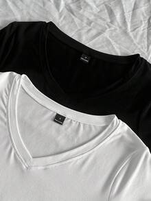 StreetHx 女式夏季 V 领紧身 T 恤，朋克亚文化动漫纯色基本款 V 领短袖修身 T 恤 - 彩色 - 查看 3