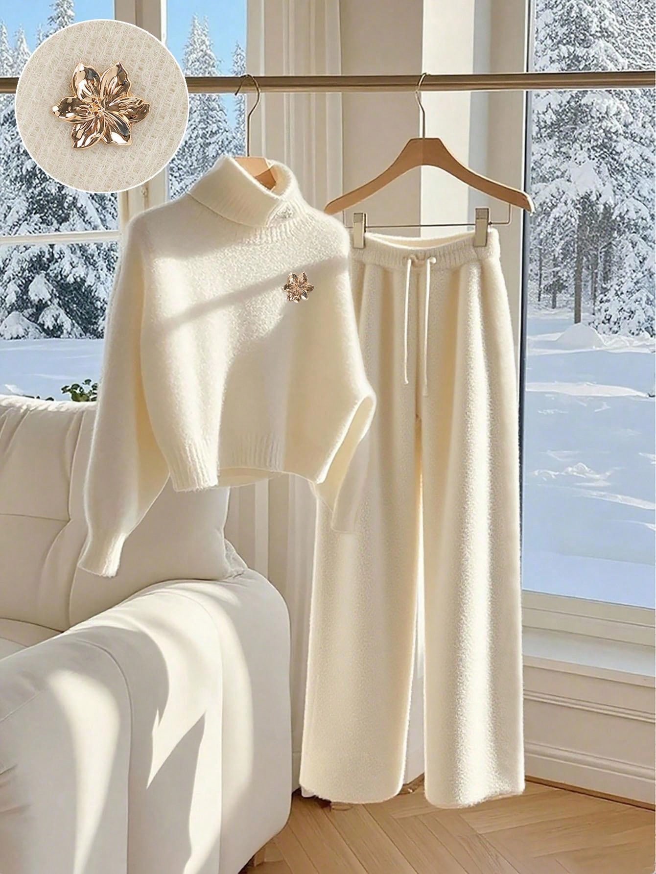 SHEIN Franclia طقم قطعتين من كنزة صوفية محبوكة فضفاضة بأكمام فانوس وبنطلون واسع الساق، بأناقة الطراز الأوروبي والأمريكي