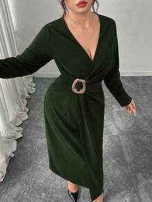 Modelyn 大码女式金属扣褶饰腰部交叉 V 领长袖优雅紧身连衣裙，适合通勤和派对 - 橄欖綠 - 查看 6