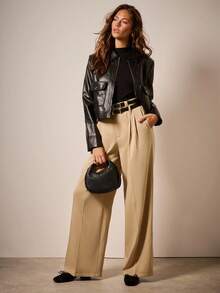 COSMINA Wide Leg Pants Women Solid Color Minimalist Casual Suit Pants,Khaki Color-Block Double Belt Pants Autumn Winter Clothes For Women