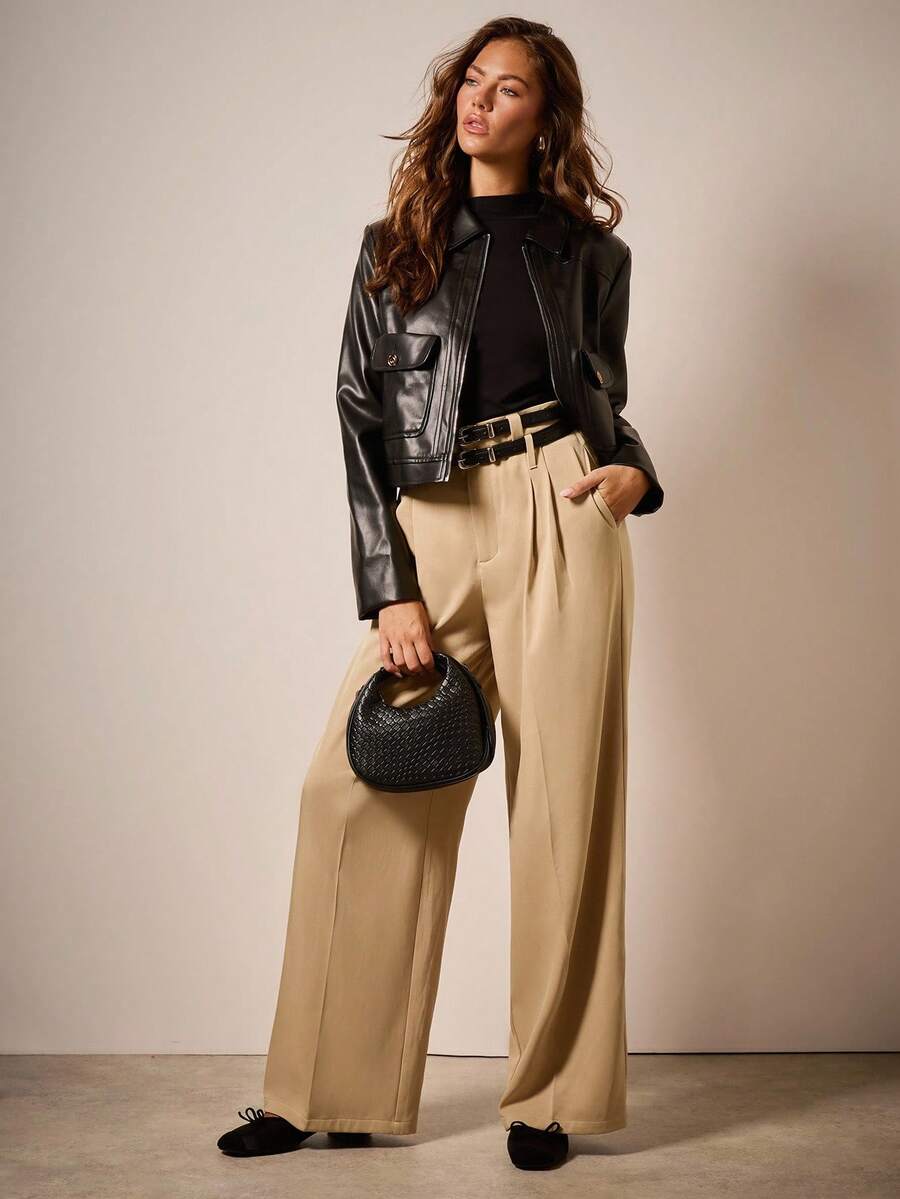 COSMINA Wide Leg Pants Women Solid Color Minimalist Casual Suit Pants,Khaki Color-Block Double Belt Pants Autumn Winter Clothes For Women