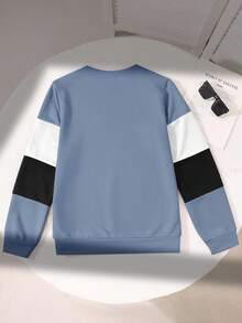 SHEIN 青少年男童休闲圆领长袖撞色卫衣，宽松版型，适合春、夏、秋、冬，居家和上学