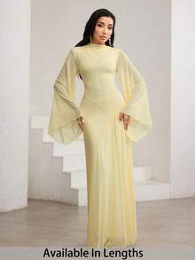 SHEIN Tall CURVE 加大码黄油奶油黄斜领，褶饰，不对称，淡黄色不对称下摆，喇叭袖，优雅连衣裙浅黄色连衣裙女式黄色长裙 - 淡黃色 - 查看 1