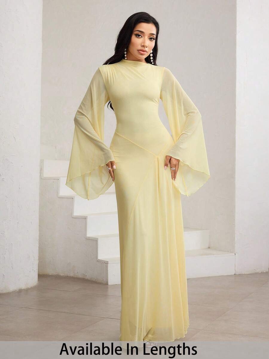 SHEIN Tall CURVE 加大码黄油奶油黄斜领，褶饰，不对称，淡黄色不对称下摆，喇叭袖，优雅连衣裙浅黄色连衣裙女式黄色长裙 - 淡黃色 - 查看 1