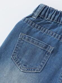 Denimly Young Girl' 寬腿牛仔褲，1件藍色夏季返校休閒學院風，可愛3D粉色蝴蝶結裝飾，寬鬆舒適版型長褲 - 深色水洗藍 - 查看 4