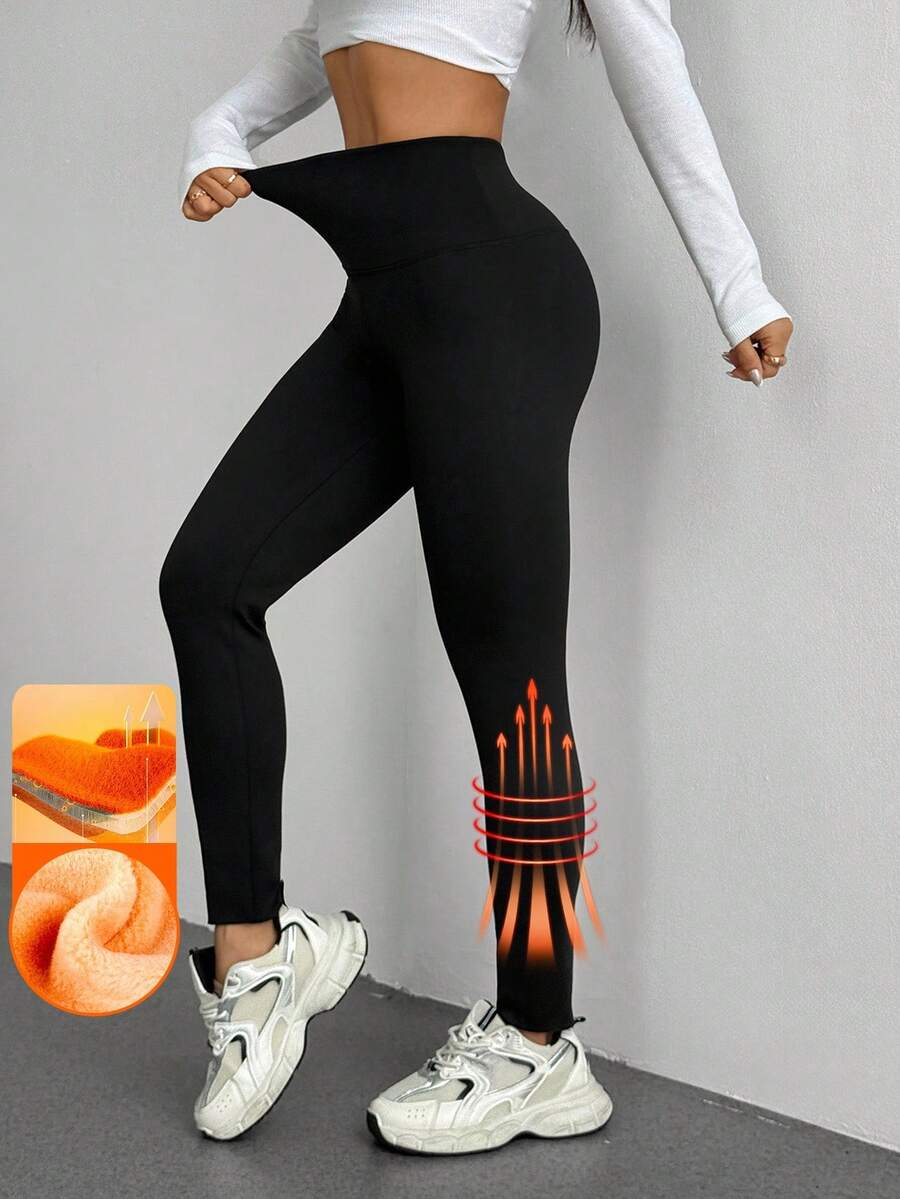 DAZY 女士鲨鱼印花保暖高腰紧身打底裤，秋冬季保暖款 - 黑色 - 查看 1