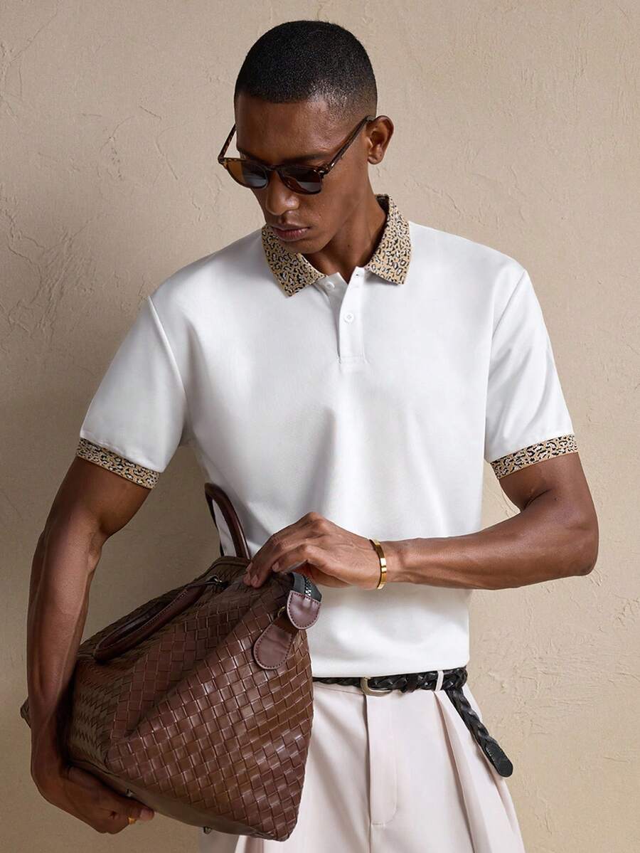 AKNOTIC Men's Leopard Print Jacquard Splice Short Sleeve Polo Shirt - White - View 1