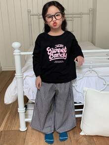 DAZY 2 件套年轻女孩圆领印花长袖 T 恤 + 格纹编织家居服套装，秋季 - 黑與白 - 查看 1