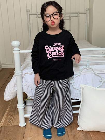 DAZY 2 Stücke kleine Mädchen Crew Neck Langarm T-Shirt mit Muster + karierter Webware Loungewear Set, Herbst