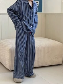 DAZY Tween Boy 条纹印花落肩宽松长袖上衣和裤子睡衣套装，春秋季 - 藍色 - 查看 1