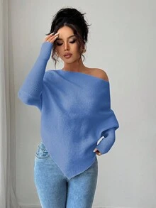 Elenzga Women's Asymmetrical Batwing Sleeve Crew Neck Casual Elegant Knit Sweater Top, Versatile For Vacation & Holidays, Spring/Autumn/Winter - Baby Blue - View 4