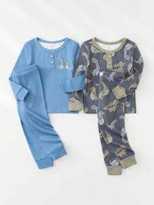 Toddler Boys' Dinosaur Cartoon Print Long Sleeve Bodysuit And Long Pants Set, Comfortable Soft Fabric Suitable For Baby Boy Casual Wear