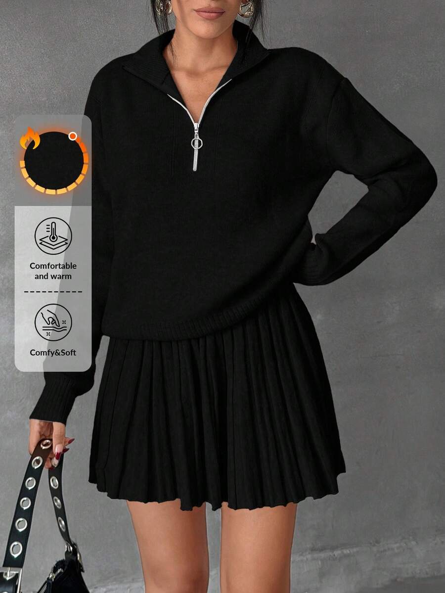 EURMUSE Women Solid Color Zipper Neck Drop Shoulder Pullover & Sweater Skirt Set - Black - View 1
