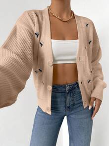 EURMUSE Women's Floral Embroidery Long Sleeve Cardigan - Coral Pink - View 5