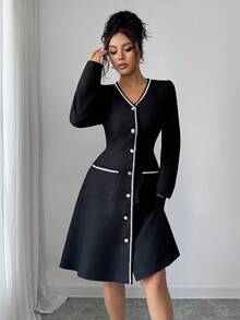 Rafferiza Váy midi chữ A cổ chữ V tay dài thắt eo viền tương phản cho nữ, thu/đông - màu đen - Xem 6