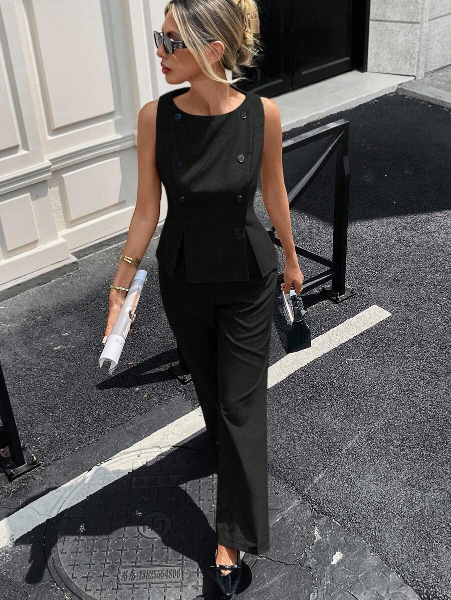 Siren Gaze 女士时尚纯色圆领无袖双排扣装饰开衩两件套 - 黑色 - 查看 1