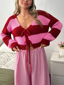 EURMUSE Áo len cardigan cổ chữ V kẻ sọc rộng in họa tiết Back To School có dây buộc phía trước và chi tiết thả vai - Hồng - Xem 3