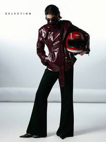 LYSMO SELECTION 2025 新款未来主义宽肩 X 型亮红色 PU 皮机车夹克，酷炫前卫，廓形挺括，修身显瘦，亮面吸睛，时尚都市风，复古与科技感完美融合，超模气质，百搭吸睛，秋冬季派对和街头穿搭的理想之选。红色皮夹克，酒红色，女士赛车服，摩托车服，足球服，圣诞节 - 酒紅色 - 查看 9