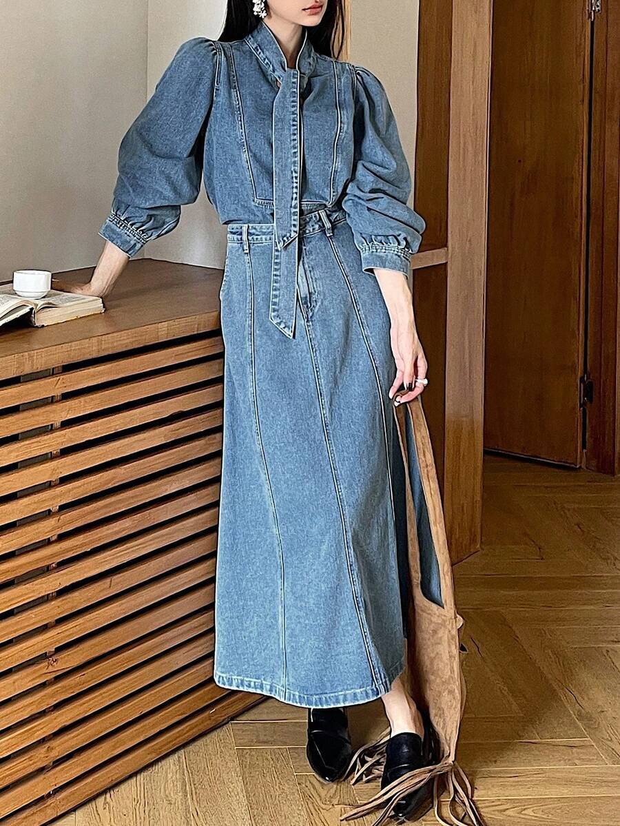DAZY 女士系带宽松牛仔上衣和长款 A 字牛仔裙优雅淑女两件套 - 中等水洗藍 - 查看 1