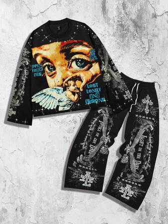 Street Life 2pcs Men Street Graphic Print Sweatshirt Set, Autumn/Winter