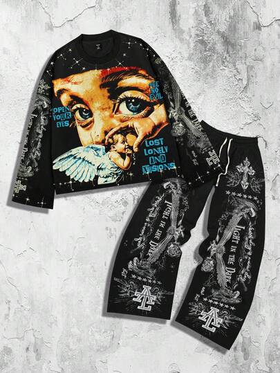 Street Life 2pcs Men Street Graphic Print Sweatshirt Set, Autumn/Winter