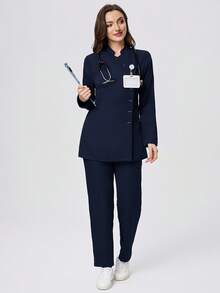 Scrubzie 2pcs Anti-Wrinkle Collared Long Sleeve Women's Scrub Uniform Top And Pants Set