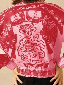 CAJUNI Women's Boho Resort Black & White Leopard, Peony Floral Print, Autumn/Winter High Neck Long Sleeve Zip-Up Lightweight Resort Jacket