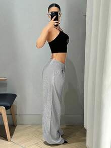 SHEIN ICON Nữ Y2k Eo Thấp Kiểu dáng rộng Quần ống rộng Chiều dài sàn Quần sọc dọc màu xám - Xám - Xem 4