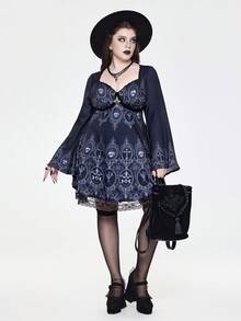 ROMWE EDITION Trang phục Halloween in hoa cửa sổ nhà thờ Dark Castle cỡ lớn tay loe - màu đen - Xem 6