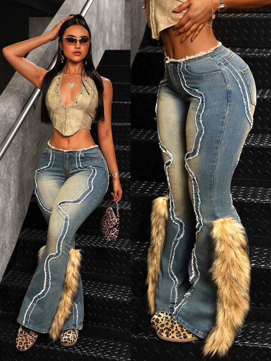 SHEIN Unity Plus Size Fashionable Vintage Fuzzy Patch Decorated Denim Jeans Fur Trim Jeans - Blue - View 1