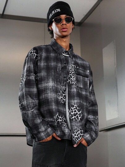 Grunge Punk Men's Leopard Plaid Long Sleeve Single-Breasted Casual Shirt, Fall
