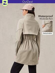 OutZeal 女士防水可拆卸风帽拉链口袋抽绳腰部连帽长款户外夹克徒步露营