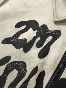 Manfinity Hypemode 男士字母印花长袖拉链休闲夹克，适合秋季 - 卡其色 - 查看 3