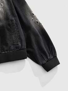 ROMWE MEN Grunge Punk Men's Casual Ripped Hooded Denim Jacket With Zipper Front, Autumn - Black - View 4