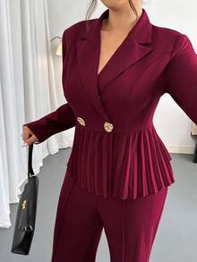 Firerie Ensemble 2 pièces élégant avec Top à manches longues plissé à double boutonnage et pantalon, couleur unie, grande taille - Rouge - Voir 7