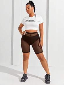 SHEIN SXY Plus Size Women's Coffee Brown Sheer Mesh Cycling Shorts (Underwear Not Included)